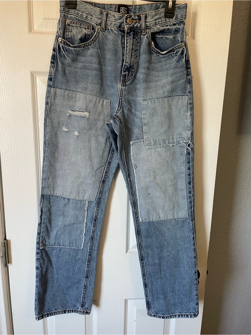 BDG Two-Tone Patchwork Straight Leg Jeans - Light Blue
